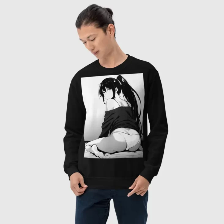 A man wearing a black sweatshirt with a manga design of an anime ass ponytail anime girl in panties and off-the-shoulder top