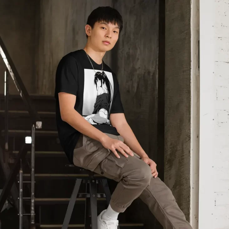 A man sitting on a stool on the stairs wearing a black shirt with a manga design of an anime ass ponytail anime girl in panties and off-the-shoulder top