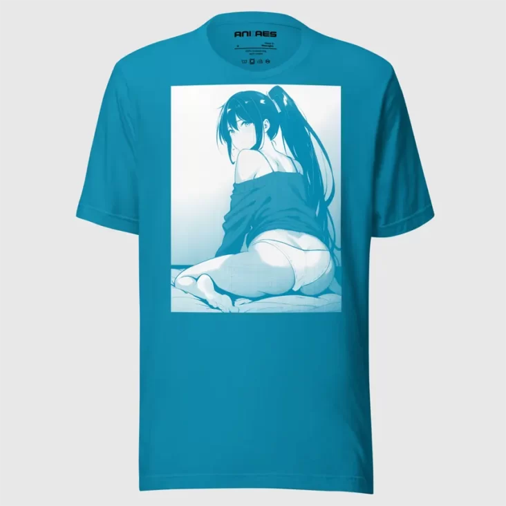 A color t-shirt with a manga design of an anime ass ponytail anime girl in panties and off-the-shoulder top