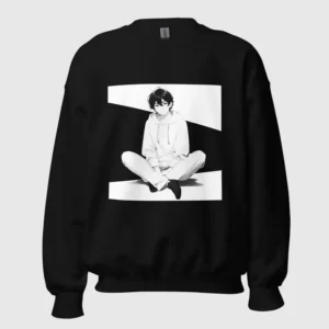 A black sweatshirt with a manga design of an anime boy sitting