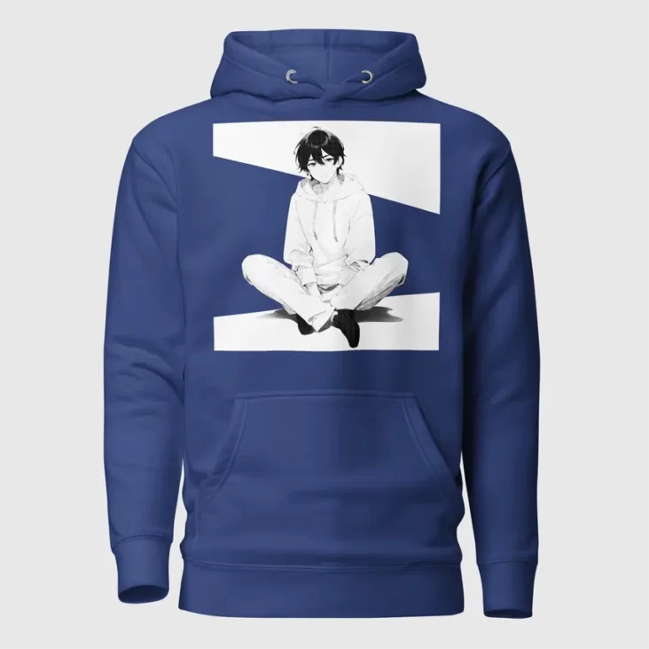 A color hoodie with a manga design of an anime boy sitting