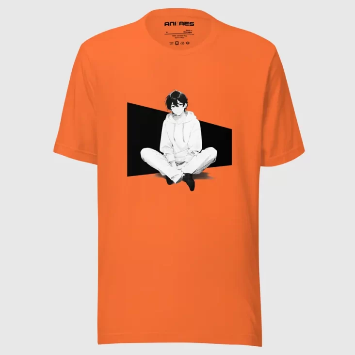 A color t-shirt with a manga design of an anime boy sitting