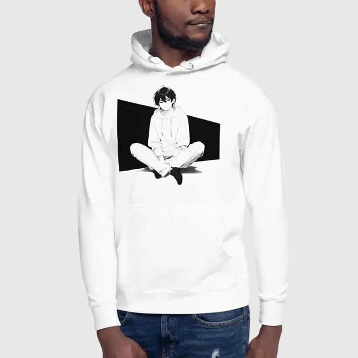 A man wearing a white hoodie with a manga design of an anime boy sitting