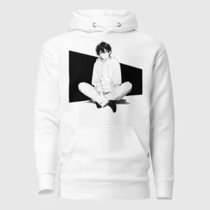 A white hoodie with a manga design of an anime boy sitting