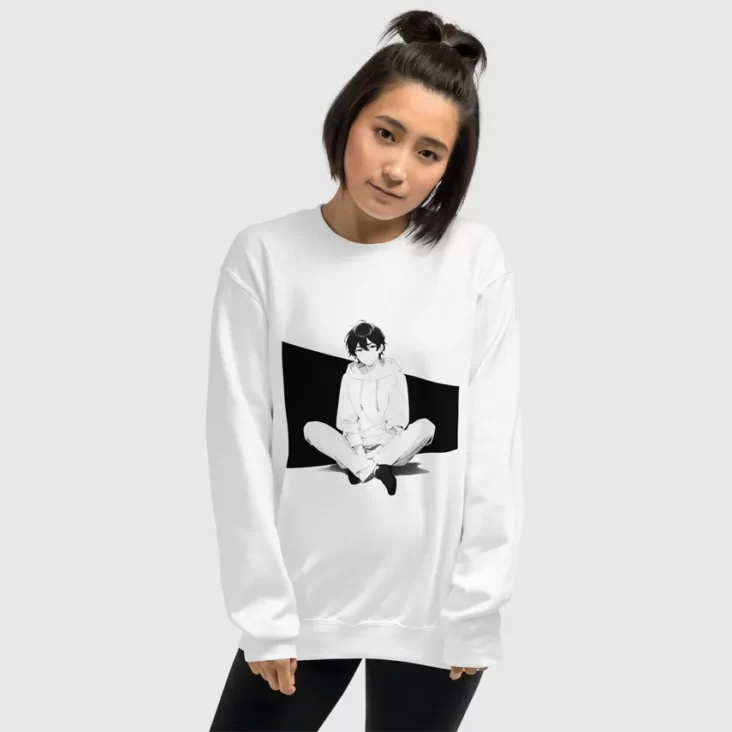 A woman wearing a white sweatshirt with a manga design of an anime boy sitting