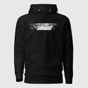 A black hoodie with a manga design of anime eyes