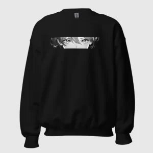 A black sweatshirt with a manga design of anime eyes