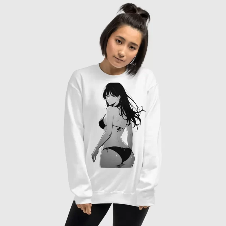 A woman wearing a white sweatshirt with a manga design of an anime girl in bikini