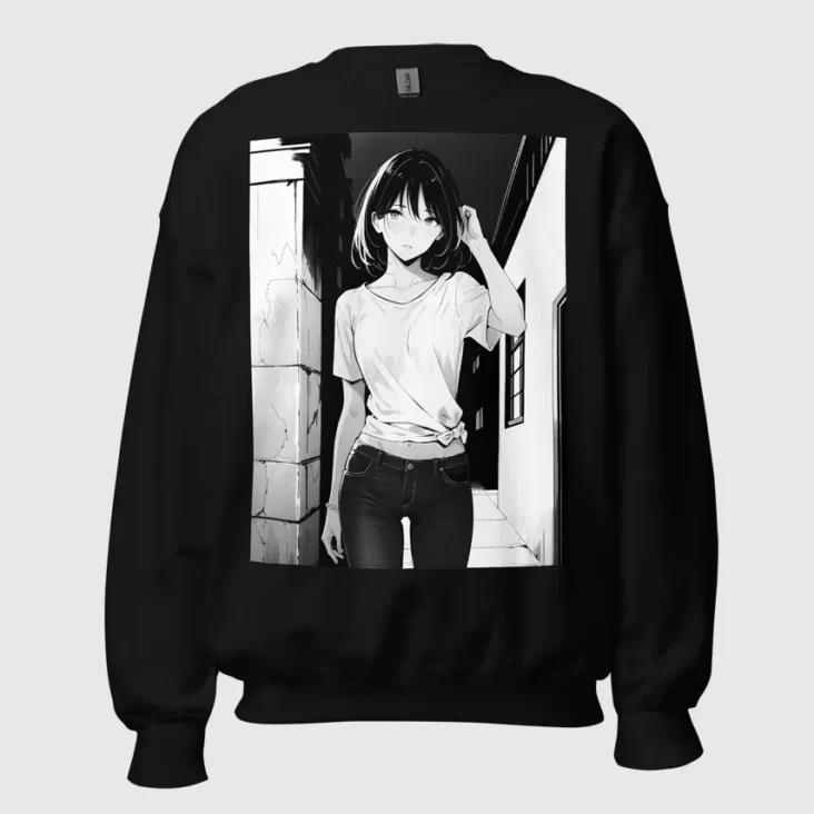 A black sweatshirt with a manga design of an anime girl in the neighborhood