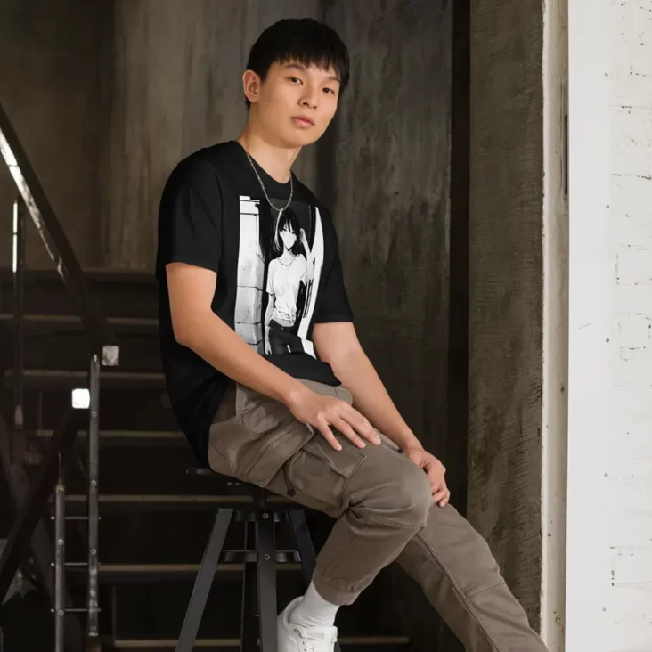 A man sitting on a stool on the stairs wearing a black shirt with a manga design of an anime girl in the neighborhood