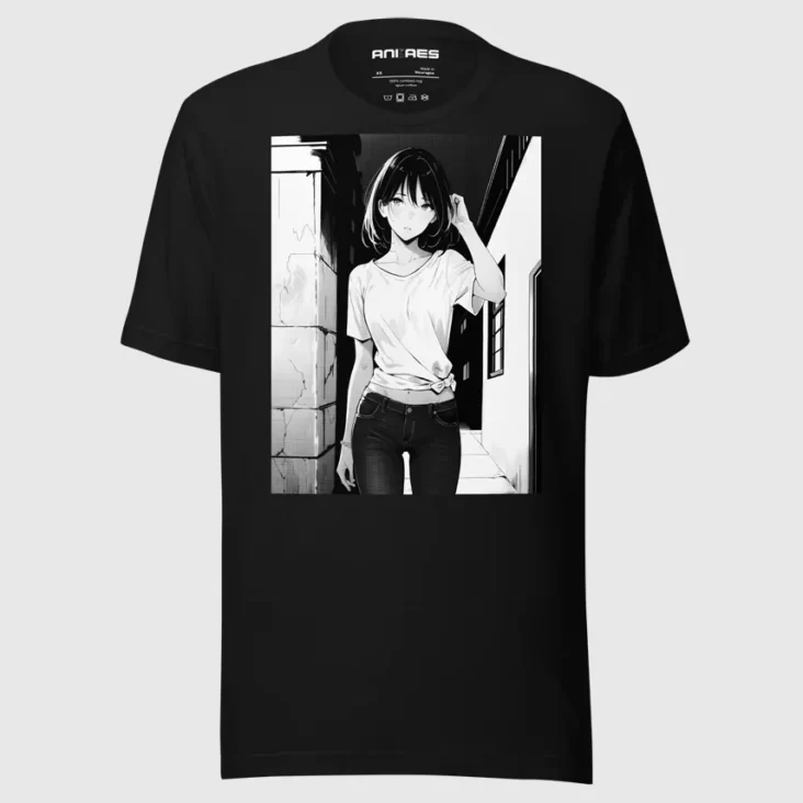 A black t-shirt with a manga design of an anime girl in the neighborhood