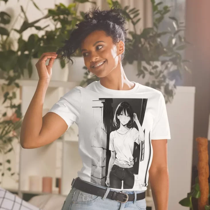 A woman with plants in the background wearing a white shirt with a manga design of an anime girl in the neighborhood