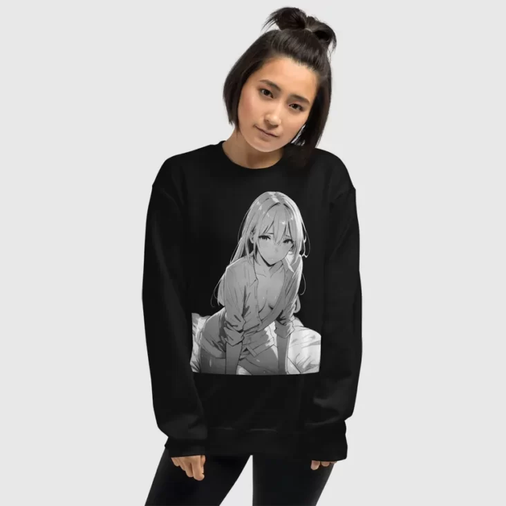 A woman wearing a black sweatshirt with a manga design of an anime girl on bed