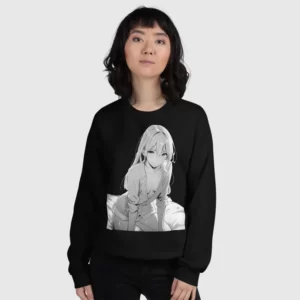 A woman wearing a black sweatshirt with a manga design of an anime girl on bed