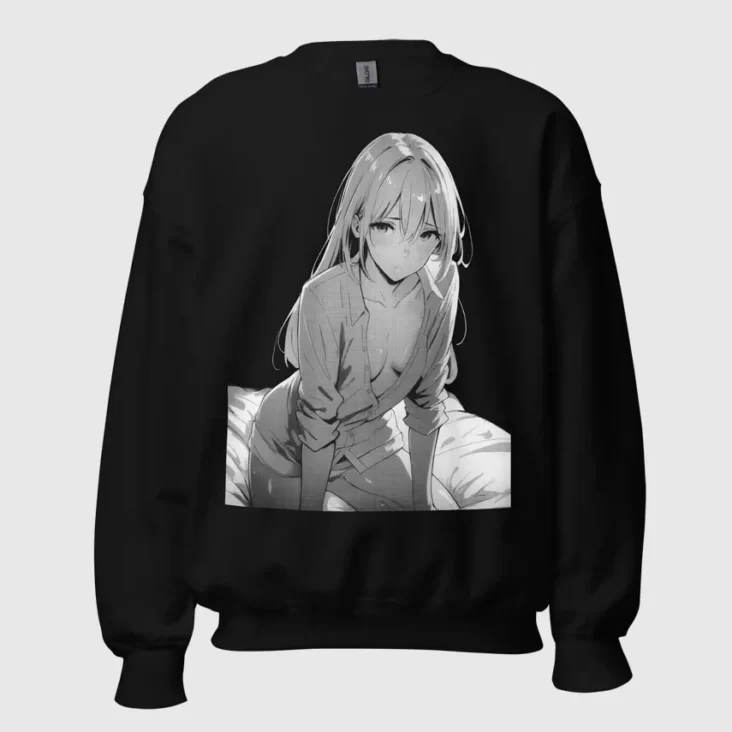 A black sweatshirt with a manga design of an anime girl on bed