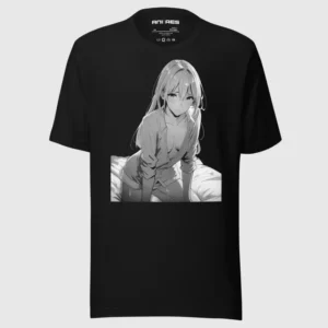 A black t-shirt with a manga design of an anime girl on bed