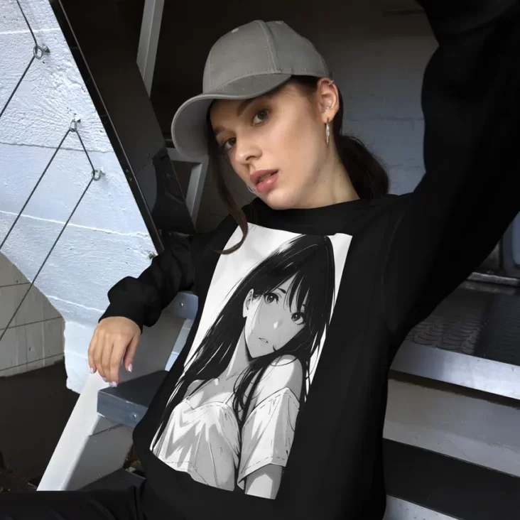 A woman wearing a gray cap and black sweatshirt with a manga design of a long hair anime girl