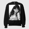 A black sweatshirt with a manga design of a long hair anime girl