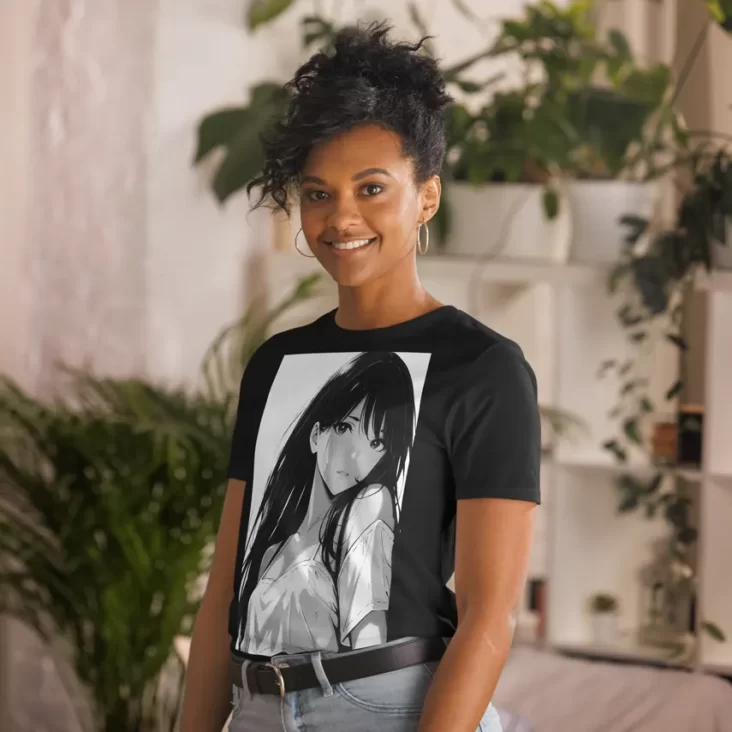 A woman with plants in the background wearing a black shirt with a manga design of a long hair anime girl