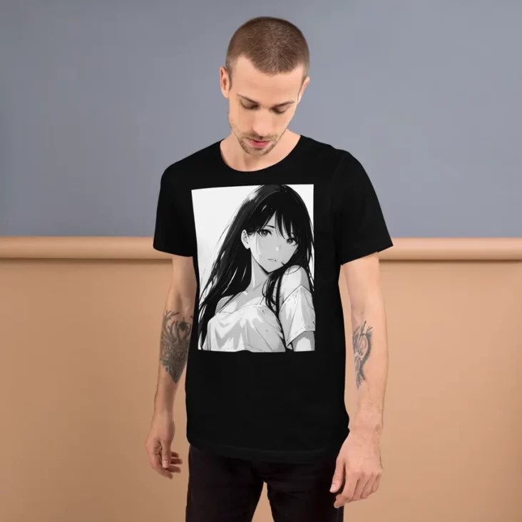 A man wearing a black shirt with a manga design of a long hair anime girl