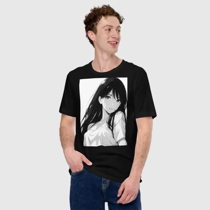 A man with his hand in his pocket wearing a black shirt with a manga design of a long hair anime girl