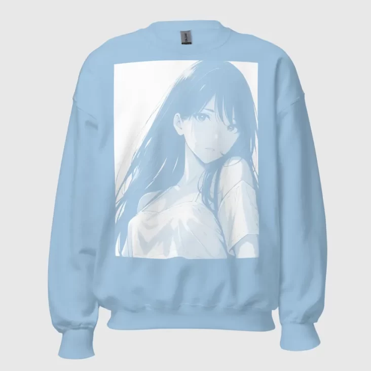 A color sweatshirt with a manga design of a long hair anime girl