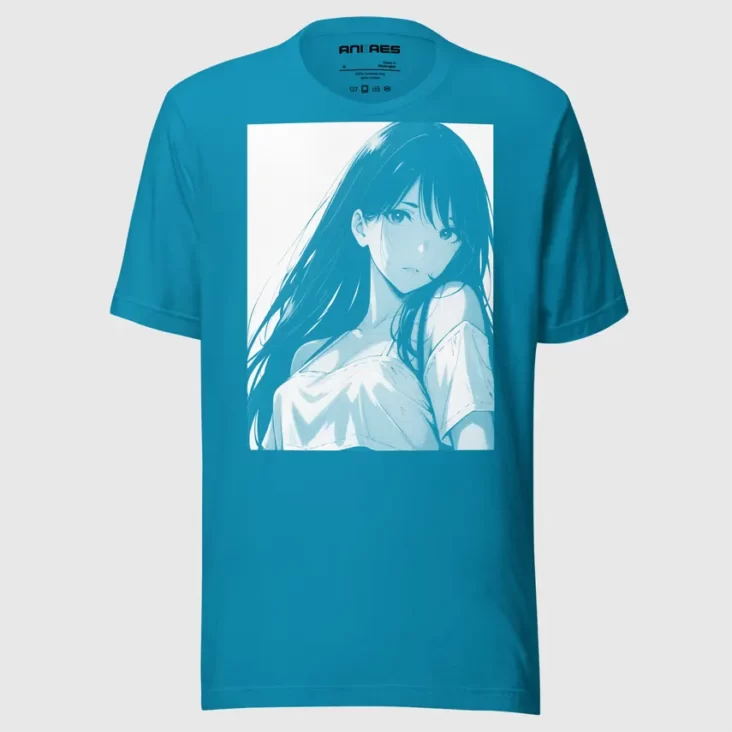 A color t-shirt with a manga design of a long hair anime girl