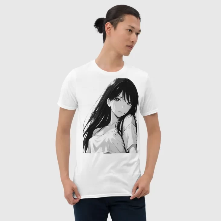 A man wearing a white shirt with a manga design of a long hair anime girl