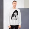 A man wearing a white sweatshirt with a manga design of a long hair anime girl