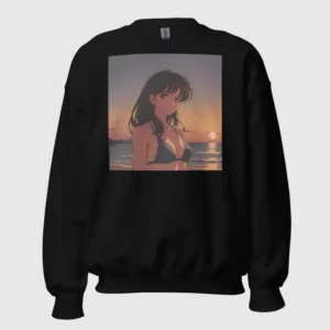 A black sweatshirt with a design of a 90s anime girl in the beach in a retro vintage style