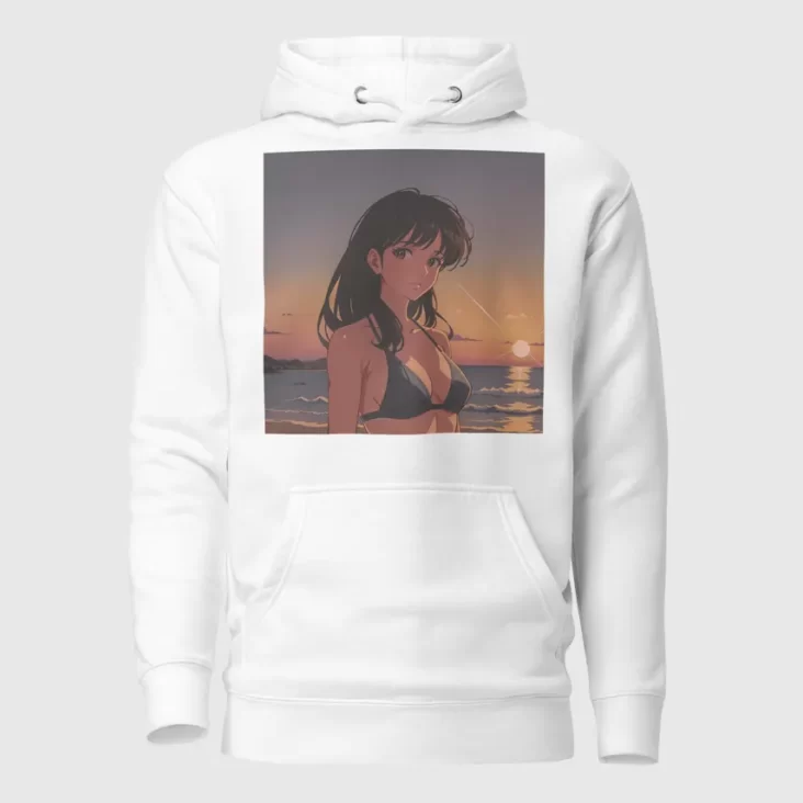 A white hoodie with a design of a 90s anime girl in the beach in a retro vintage style