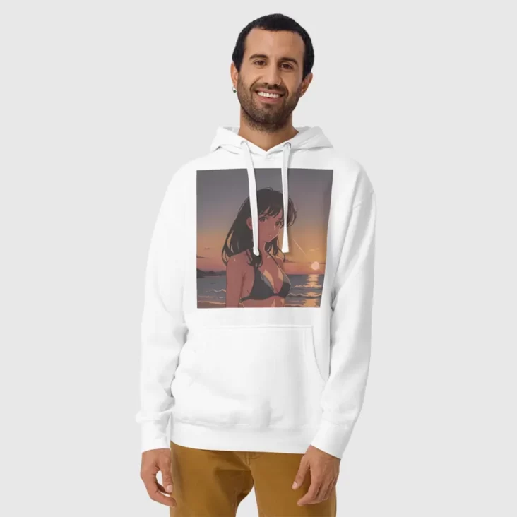 A man wearing a white hoodie with a design of a 90s anime girl in the beach in a retro vintage style