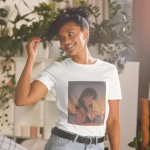 A woman with plants in the background wearing a white shirt with a design of a 90s anime girl in the beach in a retro vintage style