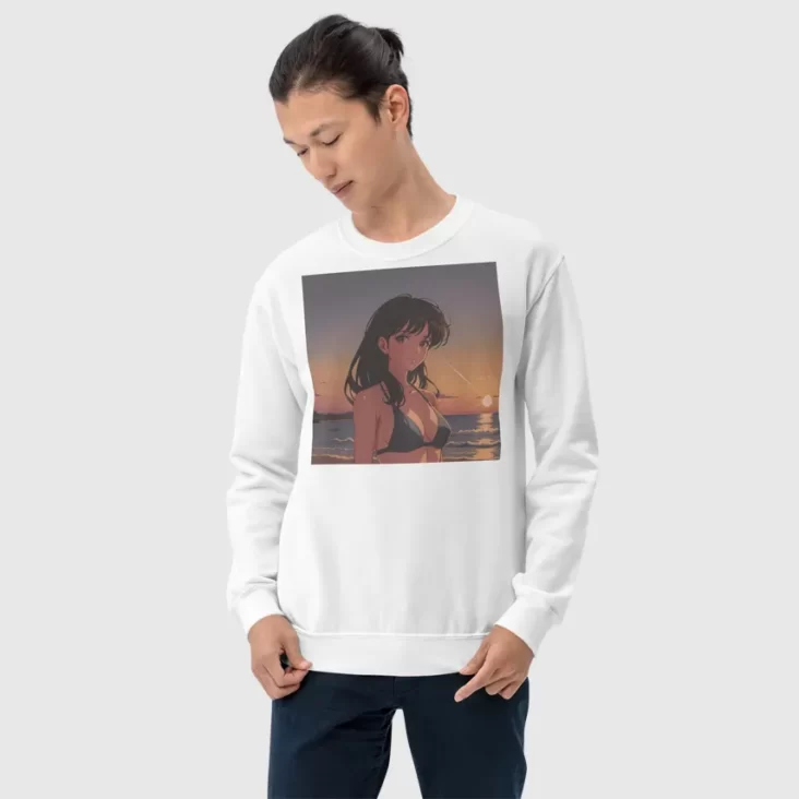 A man wearing a white sweatshirt with a design of a 90s anime girl in the beach in a retro vintage style