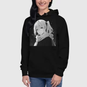 A woman wearing a black hoodie with a manga design of an anime girl in winter