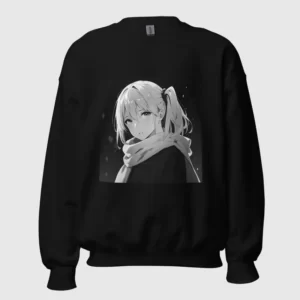 A black sweatshirt with a manga design of an anime girl in winter