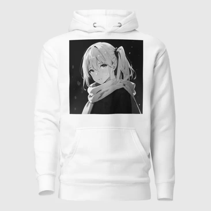 A white hoodie with a manga design of an anime girl in winter