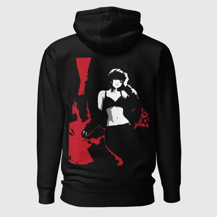 A color hoodie with a manga design of an anime girl with jacket and bra with her head resting on her hand