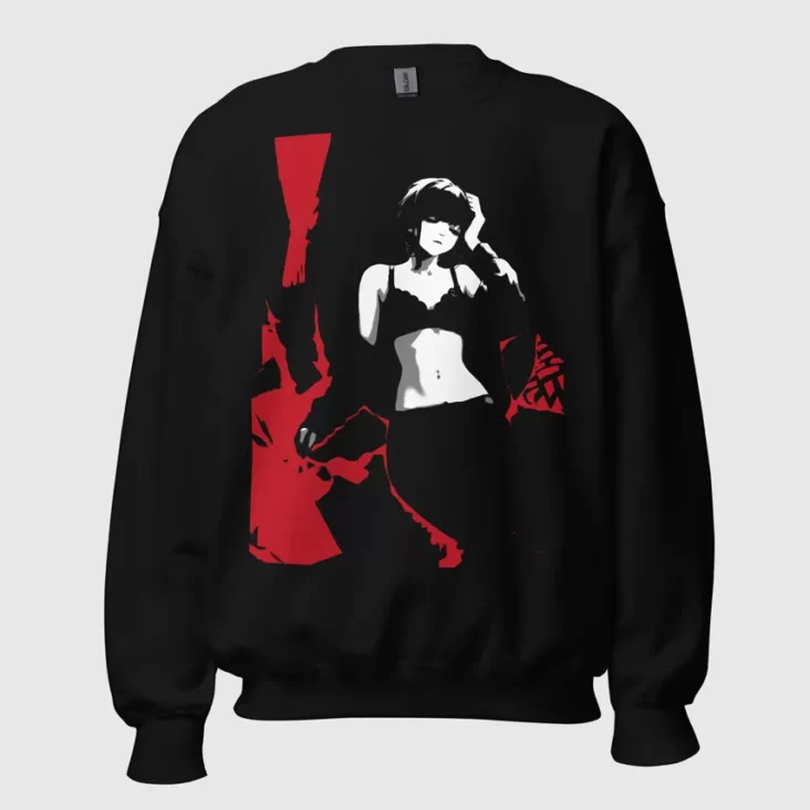 A color sweatshirt with a manga design of an anime girl with jacket and bra with her head resting on her hand