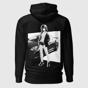 A black hoodie with a manga design of an anime girl and car