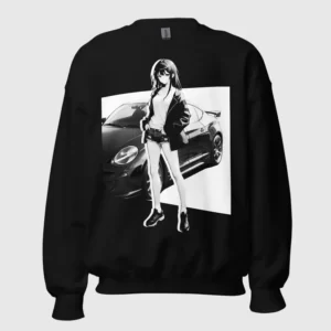 A black sweatshirt with a manga design of an anime girl and car