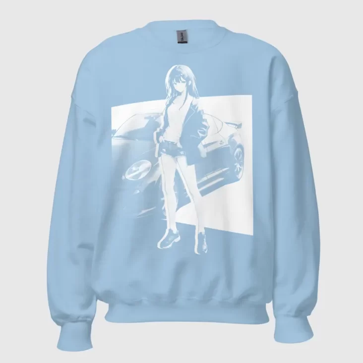 A color sweatshirt with a manga design of an anime girl and car