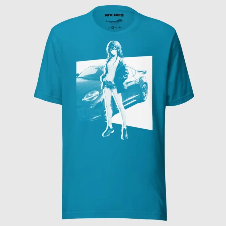 A color t-shirt with a manga design of an anime girl and car