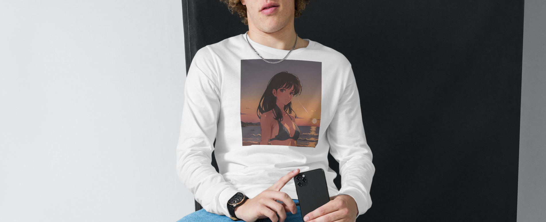 A man taking a picture of himself wearing a chain, watch, and white sweatshirt with a design of a 90s anime girl in the beach in a retro vintage style