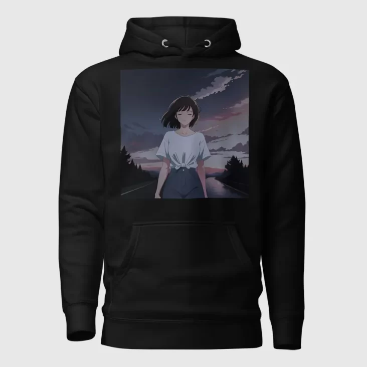 A black hoodie with a design of a 90s anime girl in the middle of the road in a retro vintage style