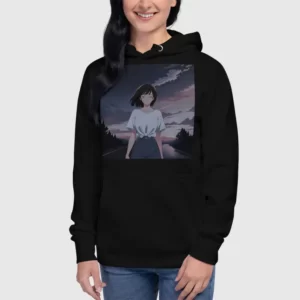 A woman wearing a black hoodie with a design of a 90s anime girl in the middle of the road in a retro vintage style