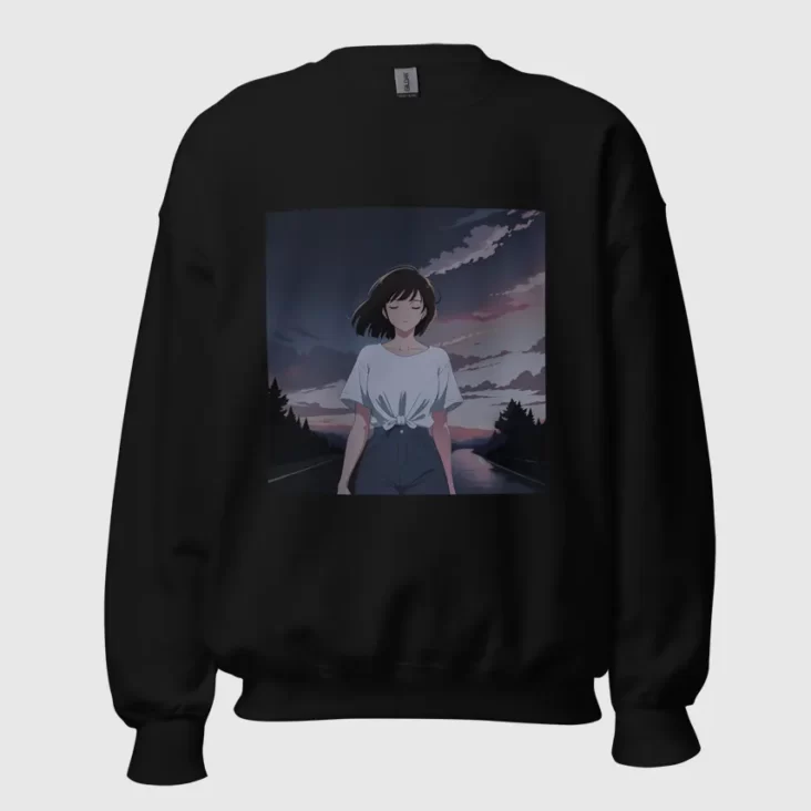 A black sweatshirt with a design of a 90s anime girl in the middle of the road in a retro vintage style