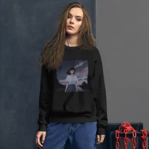 A woman wearing a black sweatshirt with a design of a 90s anime girl in the middle of the road in a retro vintage style