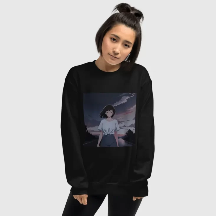 A woman wearing a black sweatshirt with a design of a 90s anime girl in the middle of the road in a retro vintage style