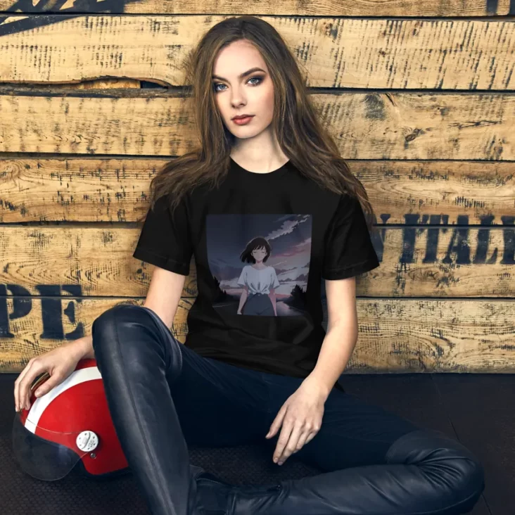 A woman sitting wearing a black shirt with a design of a 90s anime girl in the middle of the road in a retro vintage style